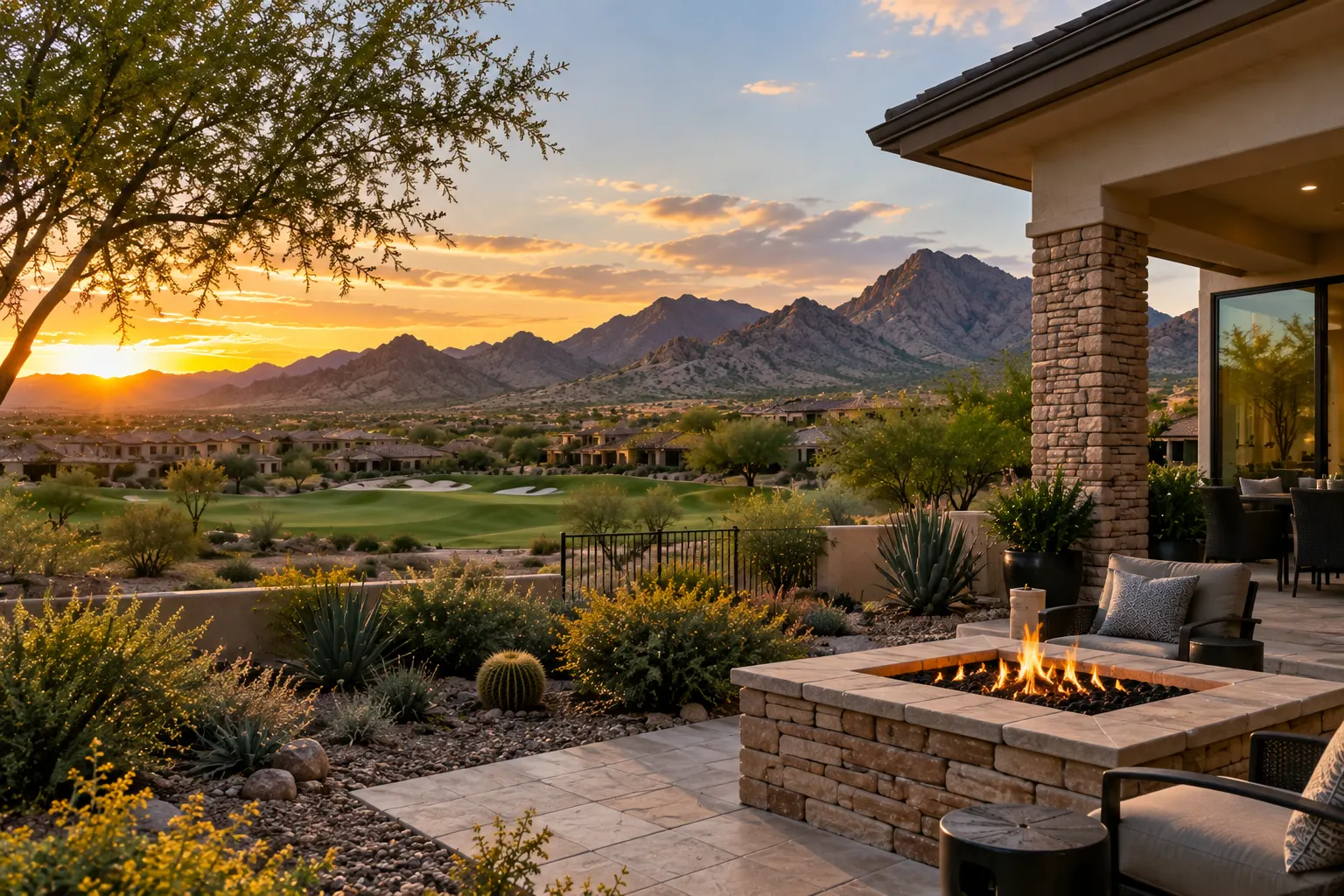 A desert patio with a stone fire pit at sunset, looking out over a golf fairway toward the mountains
